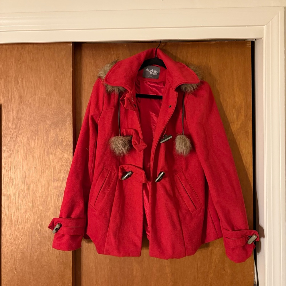 Vintage Y2K Red faux fur winter coat with removable hood, holidays winter city
